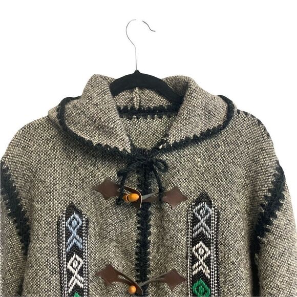 HANDMADE Peruvian Alpaca Wool Jacket Toggle Buttons Ethnic Details Hood Gray XL - Picture 2 of 9